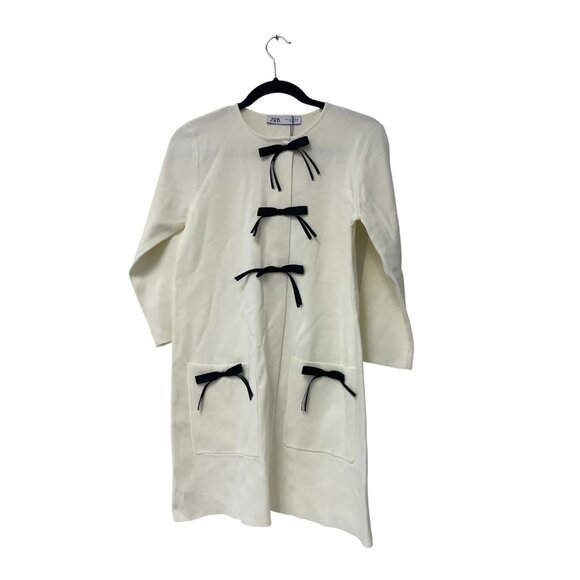 Zara Women Short Knitted Dress Medium M White Bow 3/4 Sleeves 2142/201 NWT - Picture 2 of 15